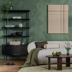 Modern living room interior with white sofa, black shelf, green wall, and minimalist abstract art canvas for home decor and design project © FollowTheFlow