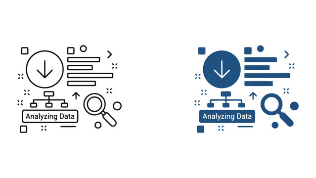 Data analysis and research chart icon set with analysis research magnifying