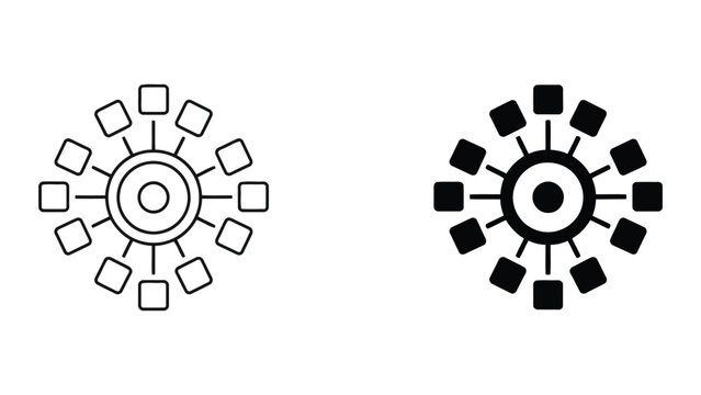 Centralized network hub distribution node icon set with distribution, technology