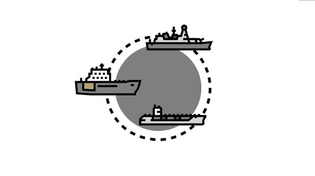 Minimalist icon set featuring various combat vessels and naval ships, concepts of warfare, strategy, fleet management, and military maritime operations