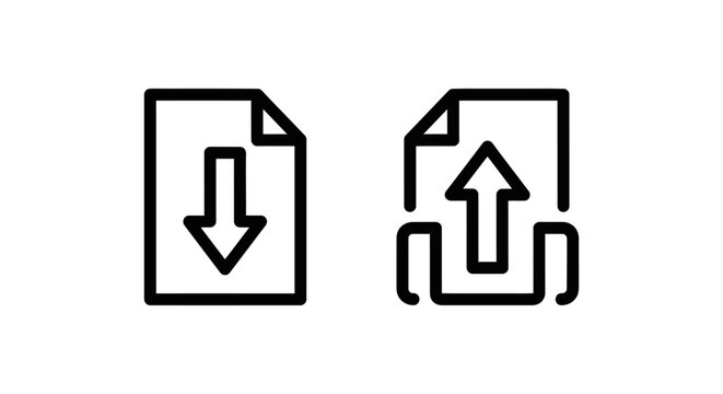 Black outline vector icons representing document download and document export functions with download document transfer computer internet interface collection illustration business