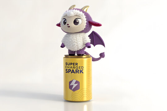 Cute purple sheep character toy standing on top of an energy drink can