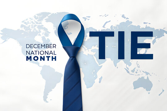 December national tie month concept with a blue necktie against a world map