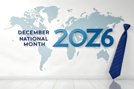 December national month concept with world map background and blue tie