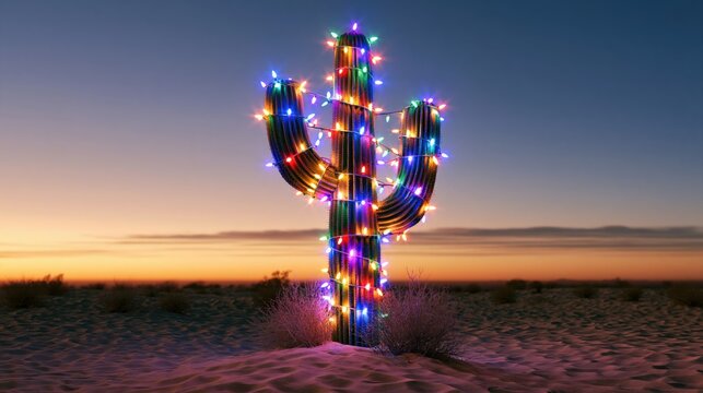 Christmas Lights on Saguaro Cactus at Sunset in the American Southwest Desert