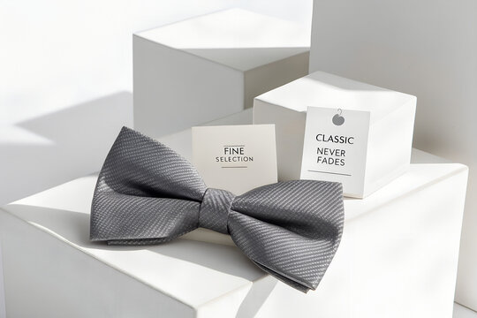 Grey bow tie with tags arranged neatly on white display boxes