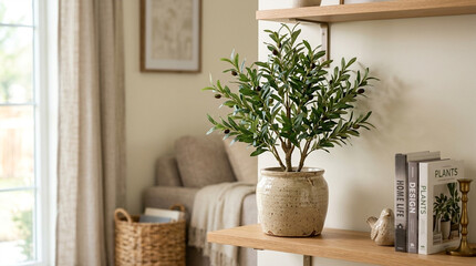 Fototapeta premium Foliage In Pot On Shelf, Home Interior, Decorative Plant, Cozy Living Room Decor