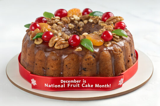 Whole traditional fruitcake decorated with cherries nuts and candied orange peel