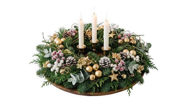 Advent wreath with three candles decorated with pine branches, gold ornaments, and berries isolated on transparent background