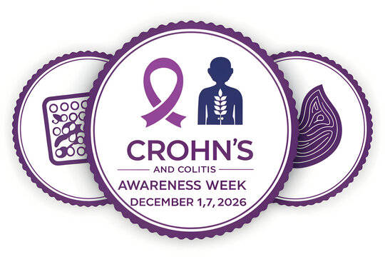 Crohns and colitis awareness week emblem vector illustration with purple ribbon