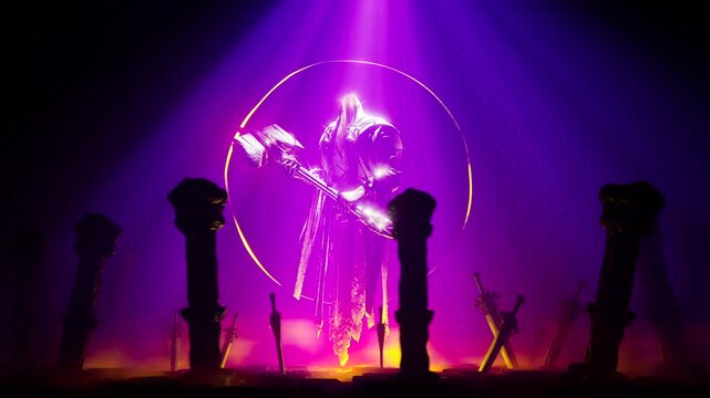 3D Render of Hooded Warlock, Pillars, and Swords in a Purple Shrine with a Halo Ring