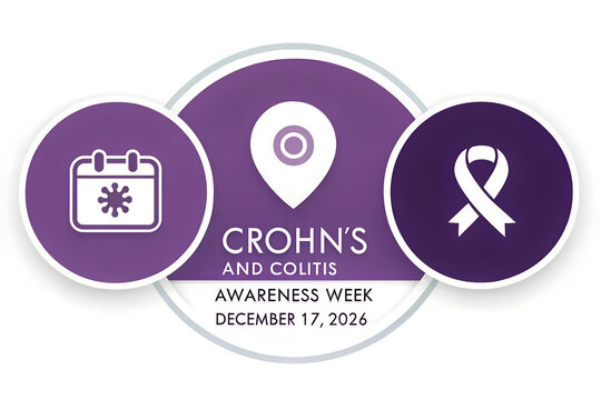Purple circular informational badge for crohn and colitis awareness week event