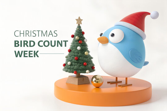 Christmas bird count week concept with blue cartoon bird and decorated tree