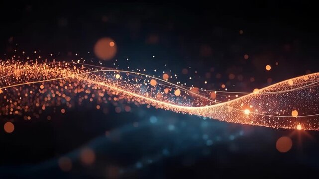 Abstract particle wave glowing orange light over dark bokeh background abstract wave glow