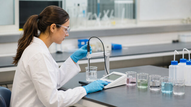 Biomedical Student Calibrating Benchtop pH Meter