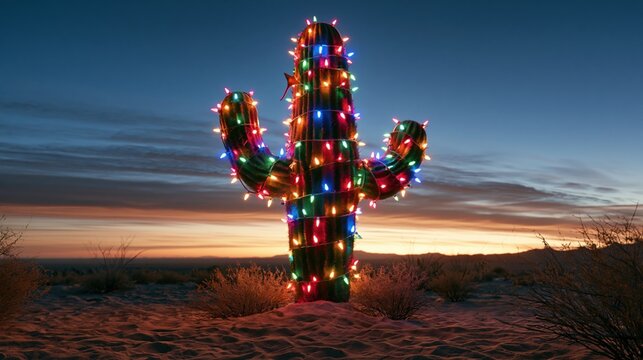 Christmas Lights on Saguaro Cactus at Sunset in the American Southwest Desert