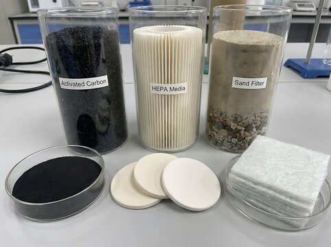 Laboratory filtration media samples including activated carbon granules, HEPA pleated filter material, and sand fiber columns for water and air purification testing