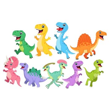 Set of nine colorful cartoon dinosaurs including t-rex, triceratops, and spinosaurus, isolated on a white background, in a flat style