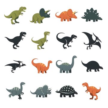 Set of sixteen flat dinosaur including t-rex, triceratops, stegosaurus, and pterodactyl in various colors and black silhouettes