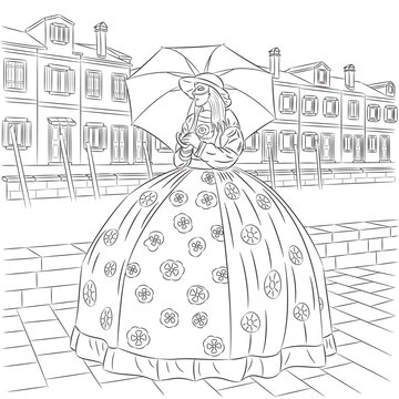 Black and white vector illustration of a woman in a traditional carnival costume holding an umbrella on a canal street in Burano, Venice, Italy.