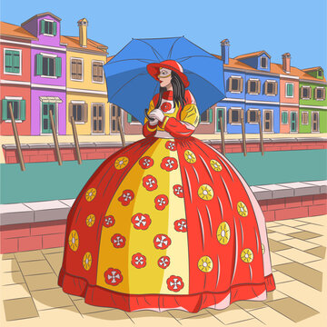 Woman in a colorful carnival costume holding a blue umbrella by a canal with traditional houses in Burano, Venice, Italy.