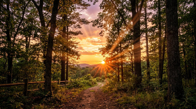 Forest path bathed in golden sunset light, sun rays piercing through trees