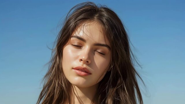 Female portrait young adult brunette hair natural light blue sky background calm face outdoor