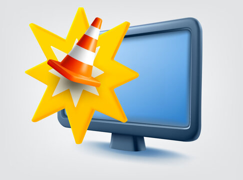 Modern computer with orange cone. Site under construction concept. Vector 3d illustration