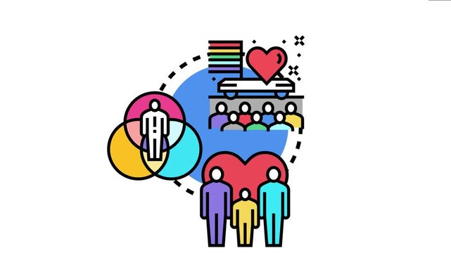 Bisexual community celebrating love and diversity, with people joining a parade float featuring a heart and rainbow flag, symbolizing identity, acceptance, and sexual orientation