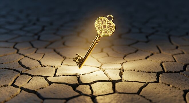 Glowing golden key on cracked desert ground, ornate vintage key of success in dry earth, glowing solution and discovery concept