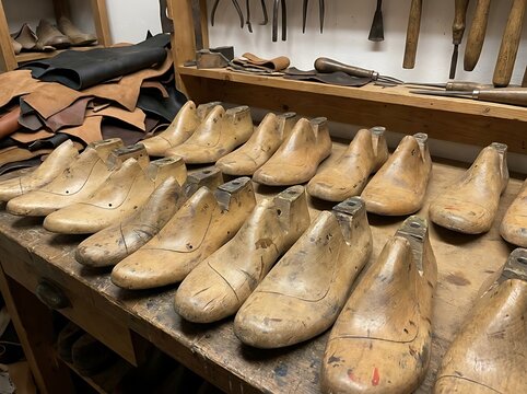 Wooden shoe lasts lined up on a workbench in a traditional shoemaker workshop with tools and leather