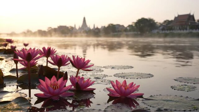 Pink Lotus Flowers Blooming in Misty Lake During Sunrise with Temple Background