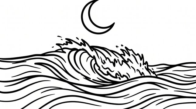Minimalist ocean wave line art, black and white sea surf illustration, crescent moon over crashing water waves, nautical tattoo design