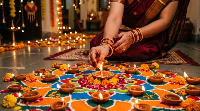 Woman lighting diyas on a colorful rangoli during Diwali festival celebration