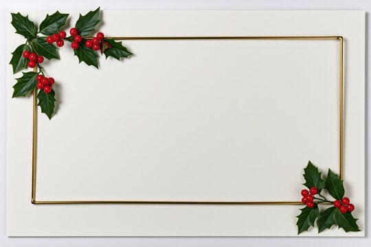 Elegant Golden Christmas Frame with Fir Branches and Red Holly Berries Holiday Border