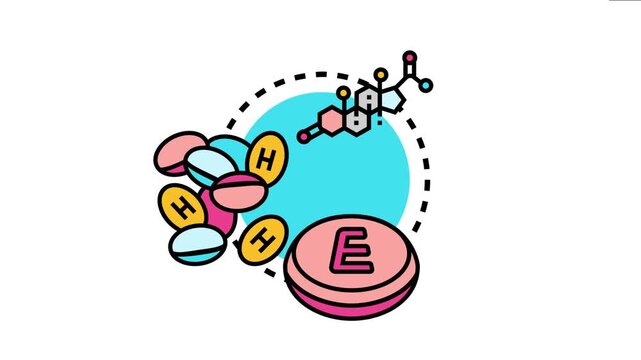 Birth control information concept with medicine pills, a hormone molecule, and a circular outline, representing contraception and family planning