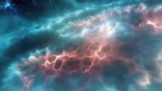 Deep space nebula cosmic background video. Swirling teal and orange gas clouds with glowing stars and interstellar dust. Cinematic 3D motion graphic for science fiction and astronomy themes.