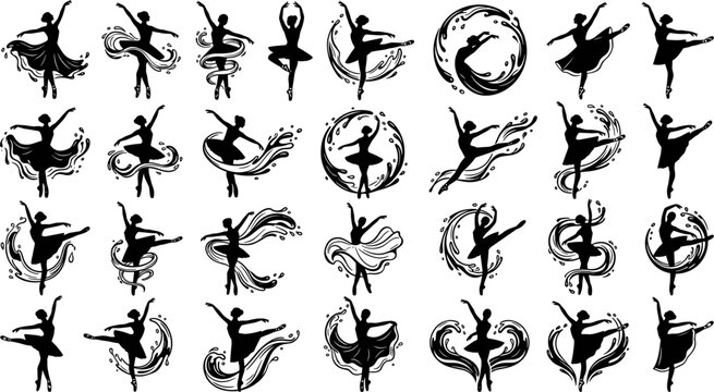 Ballerina and graceful ballet dancer silhouette icon set vector illustration featuring black stencil stencils with elegant wave splashes dynamic ribbons and spinning poses