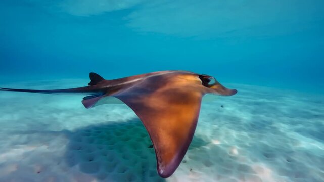 Stingray swimming in clear tropical ocean water. Brown eagle ray glides over sandy seafloor with sunlight patterns. Marine life stock video footage for nature films and travel productions.