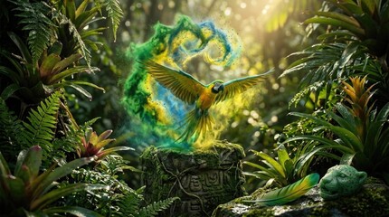 Fototapeta premium Macaw parrot flying in wild jungle, showing green and yellow color dust trail to celebrate Brazilian Independence Day on September 7, presenting exotic tropical nature bird.