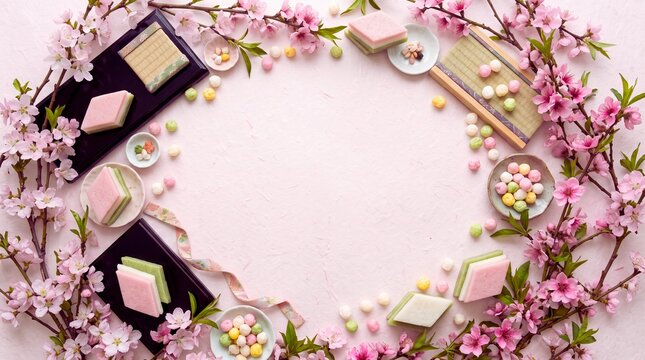 ひな祭りのフレーム背景 桃の花と菱餅とひなあられのフラットレイ