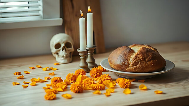 Kitchen surface with marigold petals, sugar skull, candles, and bread, Day of the Dead remembrance