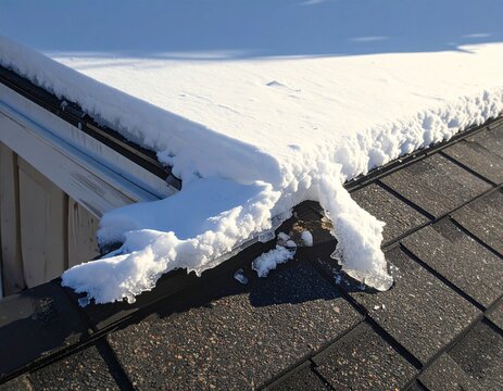 Thick snow layer resting across weathered residential roof shingles
