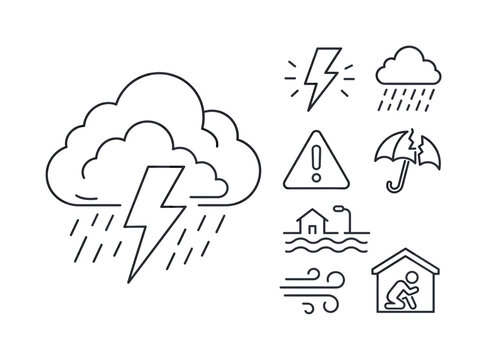 Collection of weather icons depicting natural disasters and warnings