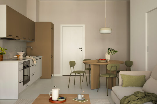Modern minimalist apartment interior with open kitchen, dining area, and cozy living space featuring neutral earth tones and contemporary furniture