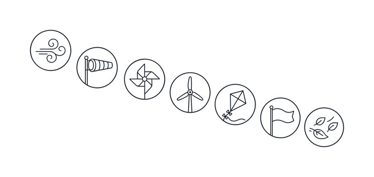 Collection of icons representing wind and its effects on nature and technology