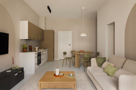 Modern minimalist living room interior with cozy sofa, wooden coffee table, dining area, and sleek kitchen in neutral earth tone color palette
