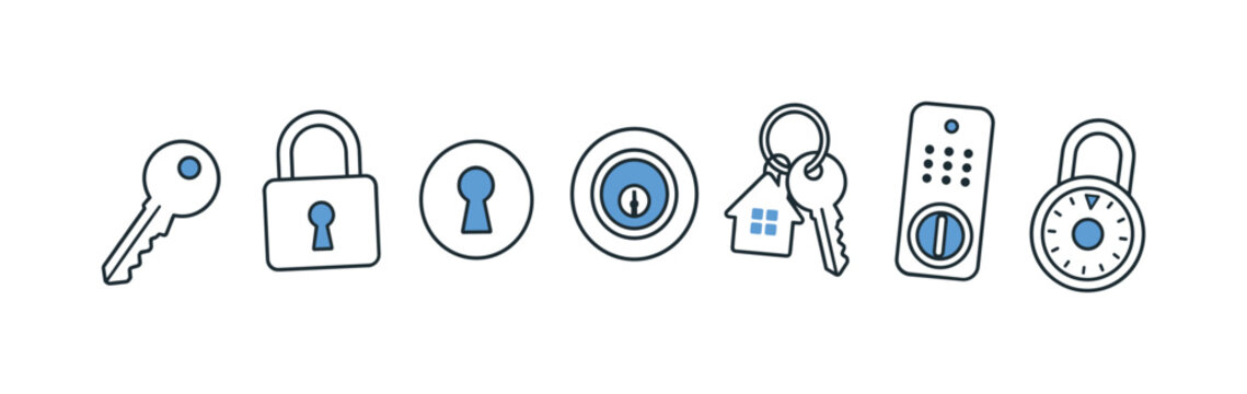 Collection of security and access icons including keys, locks, and keyholes