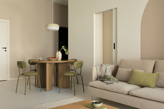 Modern minimalist living room and dining area interior design with neutral beige walls, contemporary furniture, wooden table, and cozy sofa setup