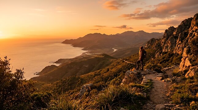 Hiker standing on a rocky mountain path at sunset overlooking the sea